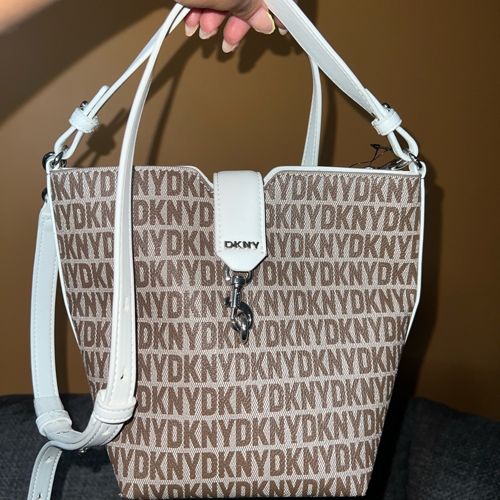 DKNY Monogrammed Tan and White Shoulder Bag